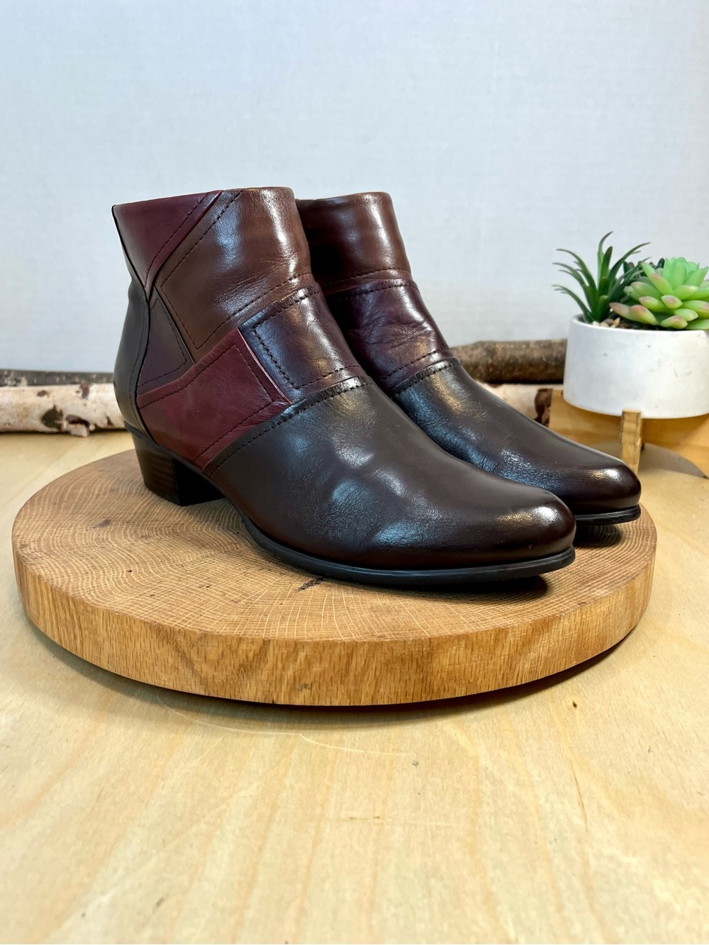 Spring Step Patchwork Leather Ankle Booties Women’s Burgundy Brown Low Heel 38